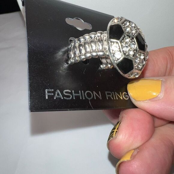 Silver Tone with Black Enamel and Crystals Cocktail Ring with Stretch Band - Picture 2 of 6